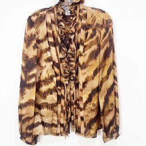 Carlisle Abstract Zebra Print Plissé Ruffle Collar Silk Blouse Size 6